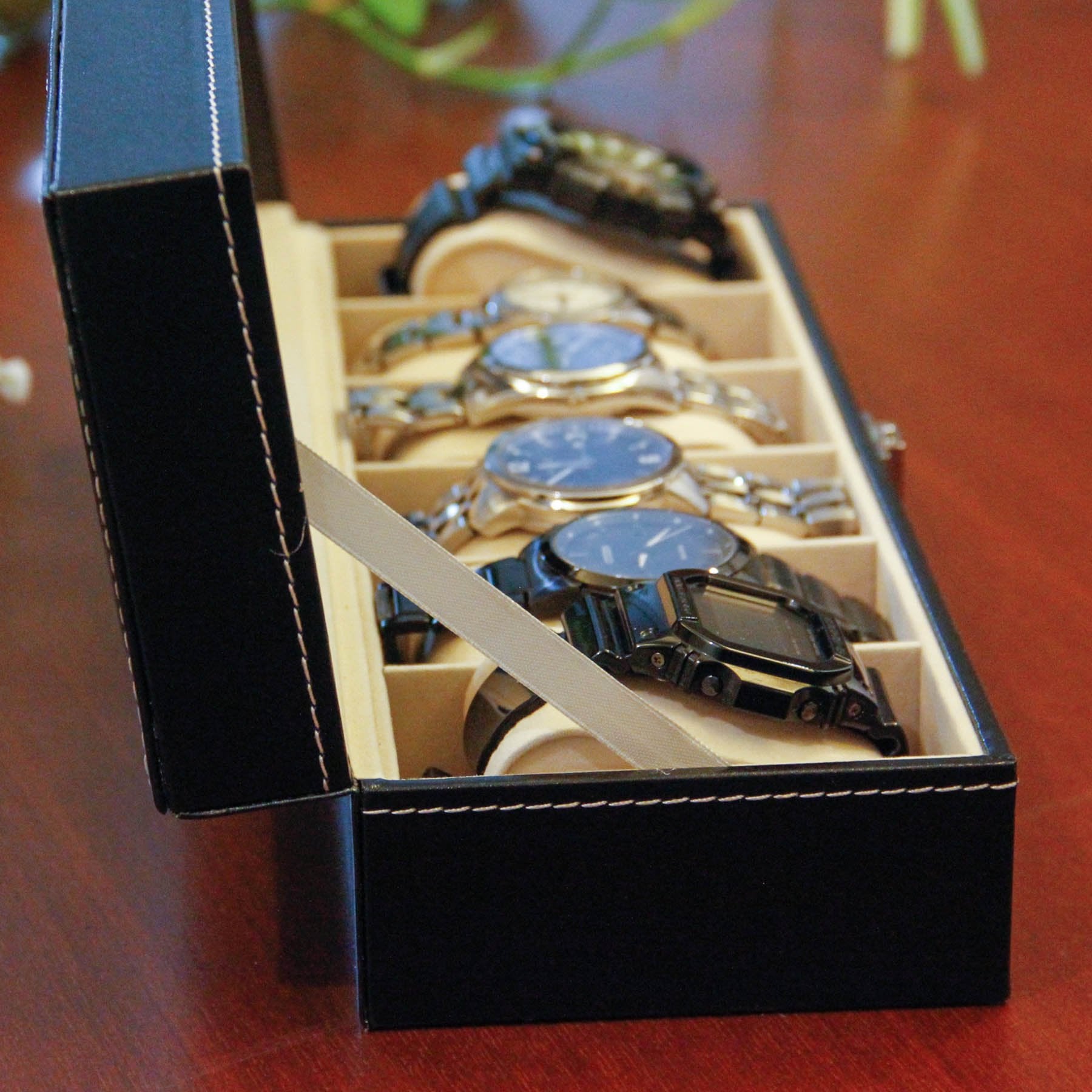 HASTHIP Watch Box 6 Slots, Leather Watch Storage Box with Lock & Transparent Window, Watch Case Black Watch Box - Pu Material Waterproof (No Watch) HASTHIP Watch Box 6 Slots, Leather Watch Storage Box with Lock & Transparent Window, Watch Case Black Watch Box - Pu Material Waterproof (No Watch)